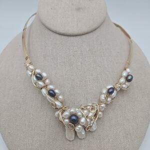 Vintage Artisan Gold Filled Iridescent Tahitian Two Tone Pearl necklace Choker